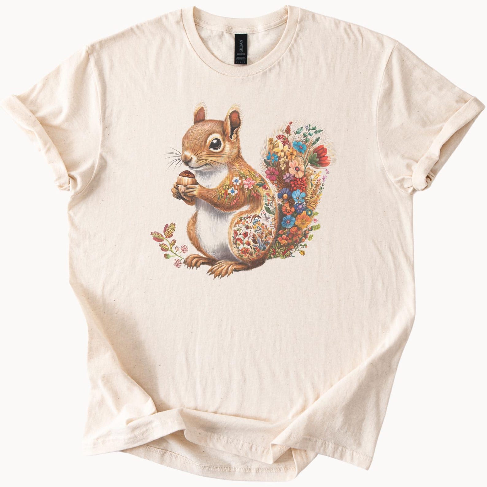 Squirrel Holding Acorn Floral Meadow Shirt Nature Animal Graphic Tee Cute Woodland Creature Garden Flowers Art Neutral Soft Style Top 100