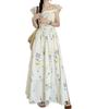 Vestido floral de manga bufante com decote quadrado Xiaofei para crianças, novo de verão, para férias na praia, pausa para café, com temperamento francês, vestido longo