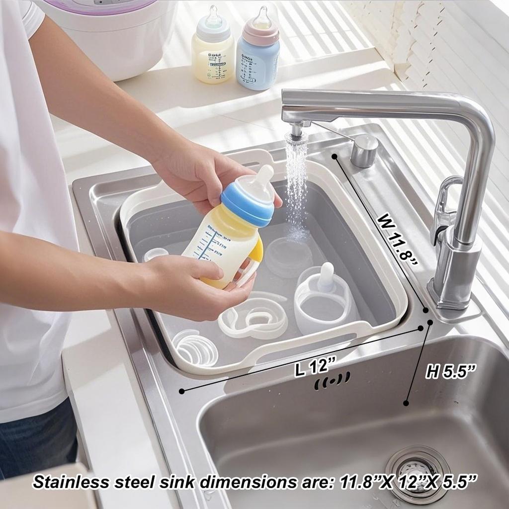 Collapsible Dish Basin & Sink Tub With Drain Plug – 2.4 Gal Baby Bottle Wash Basin, Bottle Washing Bin For RV, Camping, Kitchen | Collapsible Water