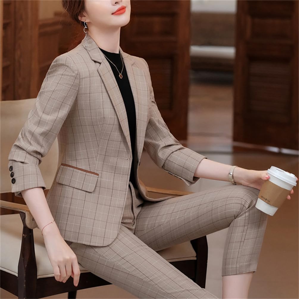 Suit Tailored Jacket and Checkered Single Job Office Entrance Graduation Ceremonies [ZHENGTU] Women's Set Two-Piece Pantsuit, Button, Stylish,