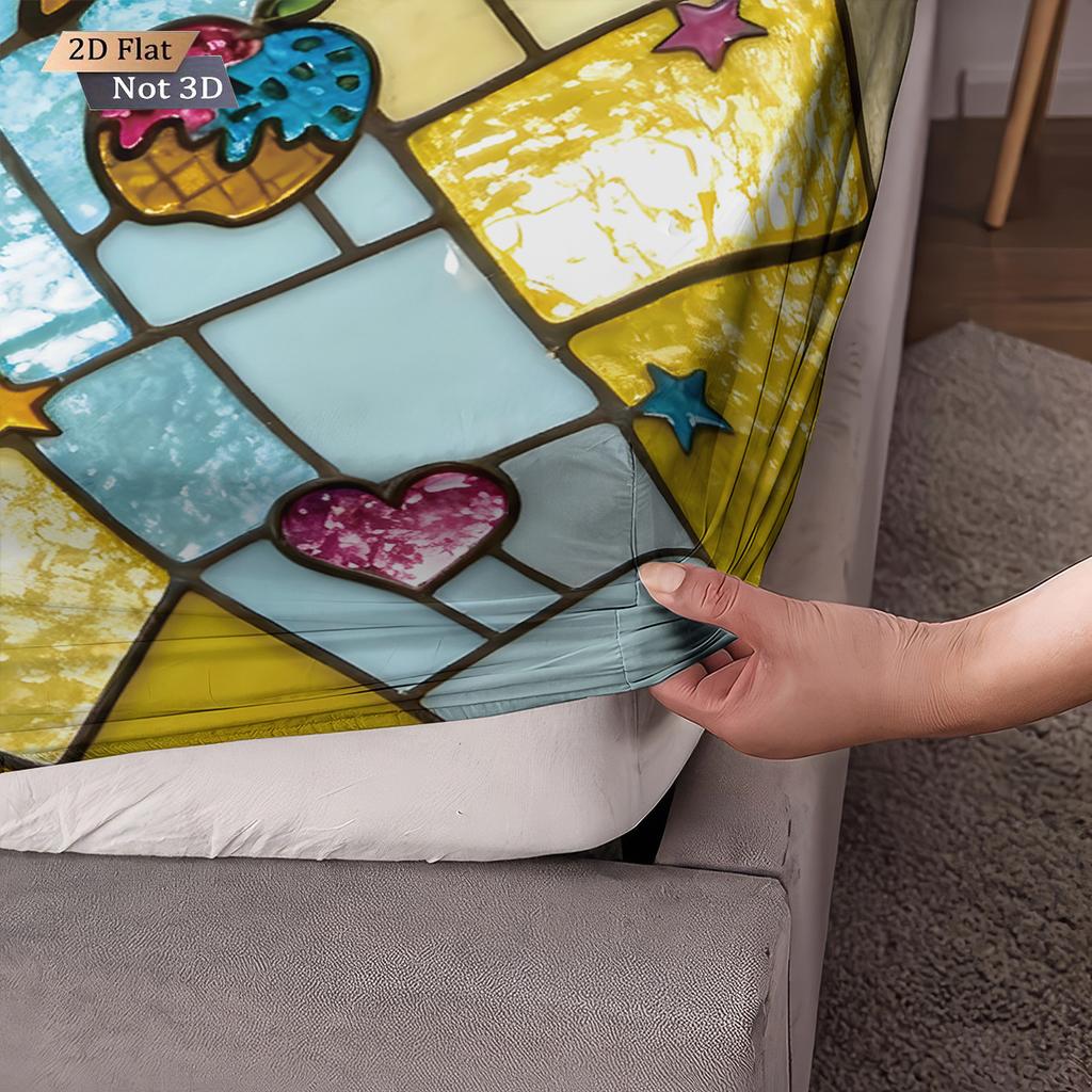 3pcs Imitation Glass Painted 67 Element Printed Coreless Bed Sheet Set, Multi Size Bedroom Bed Cover Decoration Machine Washable