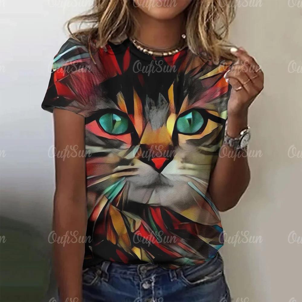 

Летний топ с круглым вырезом и принтом 3D Cat, модные повседневные женские футболки с короткими рукавами 4XL