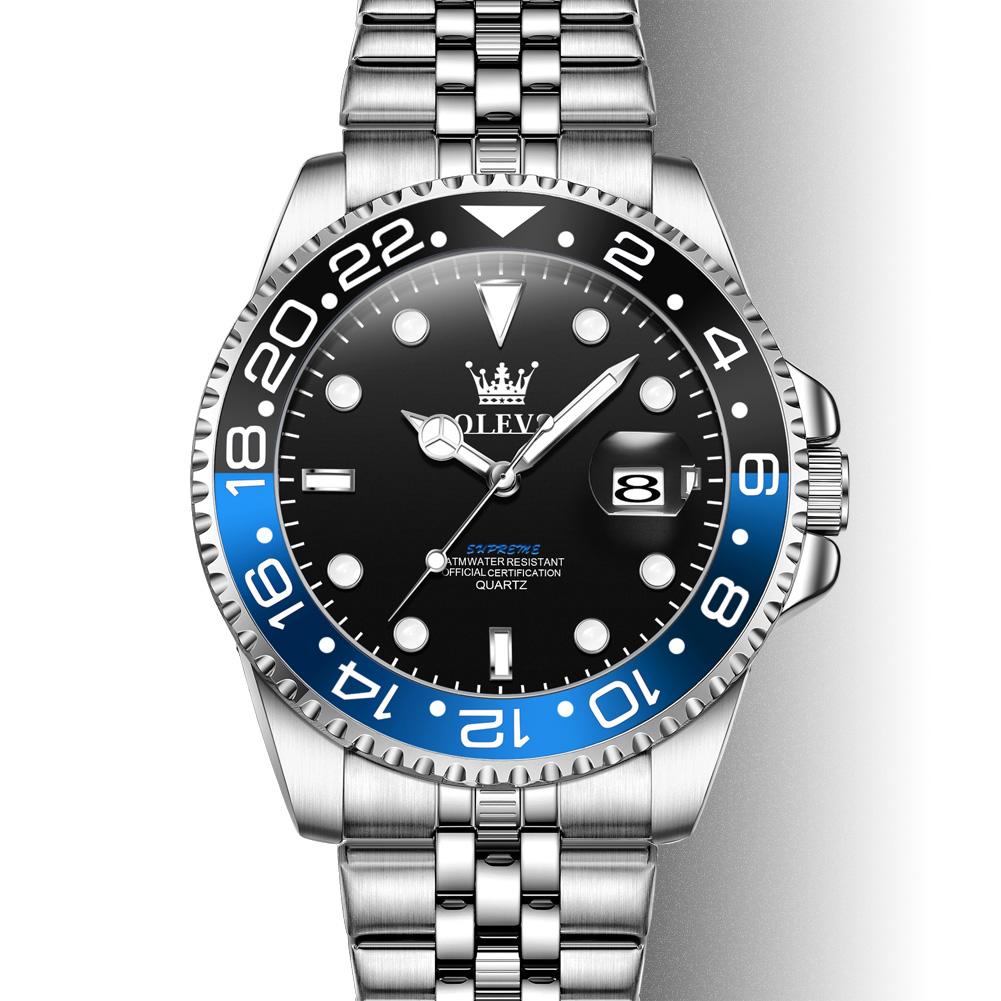 OLEVS Brand Red And Blue Bezel Man Watches Luxury Sporty Wristwatches for Men Quartz Stainless Steel Band Clock Luminous Hands
