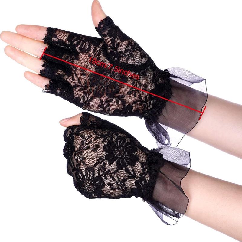 Women Bride Short Gloves Nightclub Hollow Out Lace Gloves Dancing Party Half Finger Gloves Pleated Cuff Decor Mitten