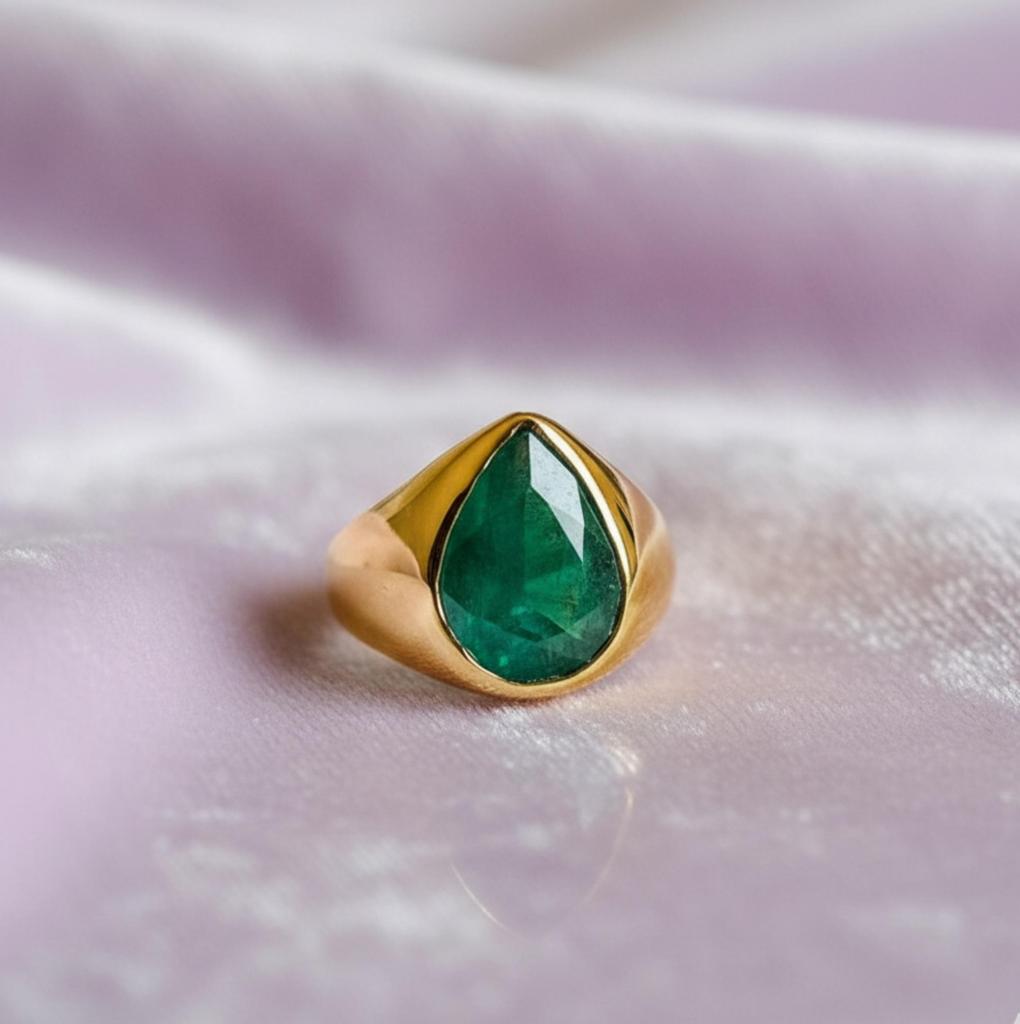 Natural Green Emerald Ring, 925 Sterling Silver Ring, 22k Gold Fill, Mens Signet Ring, Emerald Cut Pear Gemstone Ring