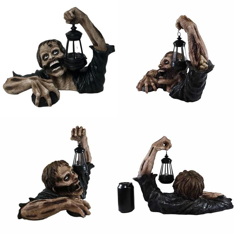 Horror Zombie Crawling Out of Grave with Led Lantern Halloween Garden Decor Statues Movie Walking Dead Creepy