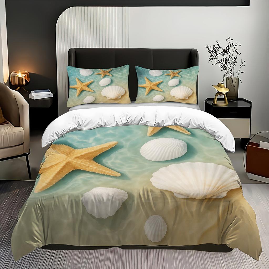 Ocean Theme Quilt Cover Three-Piece Beach Shell 3D Digital Printing Quilt Cover Pillowcase