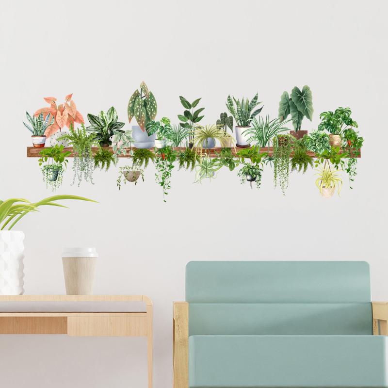 1Pc Painted Green Potted Plant Wall Stickers Living Room Kitchen Home Background Decoration Wallpaper Wall Decals Self-Adhesive