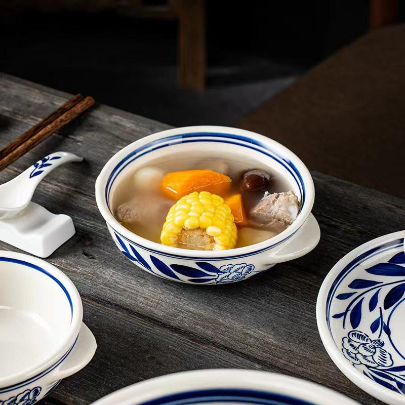 Retro Blue & White Porcelain Double Ear Round Jar - Large Deep Soup or Rice Bowl, Creative Ceramic Tableware for Hotels & Restaurants