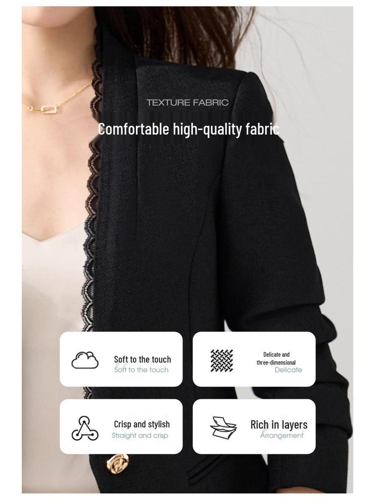 Women's White Lace Long Sleeve Blazer - Slim Fit, Short Style, Versatile for Autumn 2025