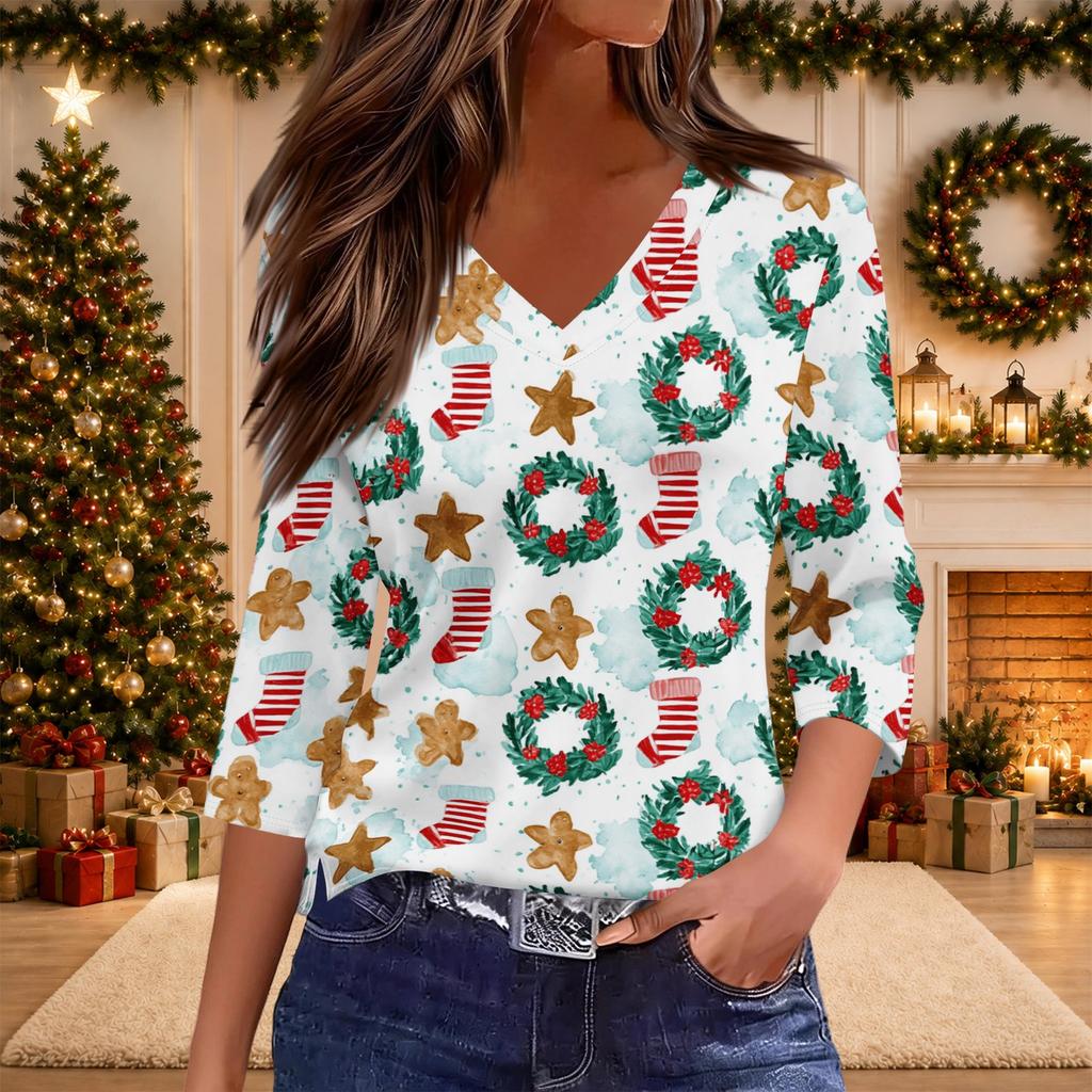 Women's Christmas Print V-Neck Three-Quarter Sleeve Loose Fit Casual Shirt