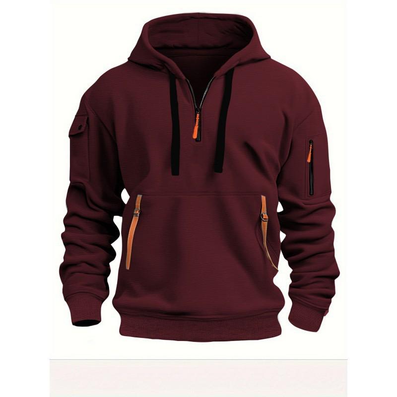 Mens Winter Hooded Zip-Up Sweatshirt With Multiple Pockets Loose Fit Cotton Blend Sport Casual Pullover