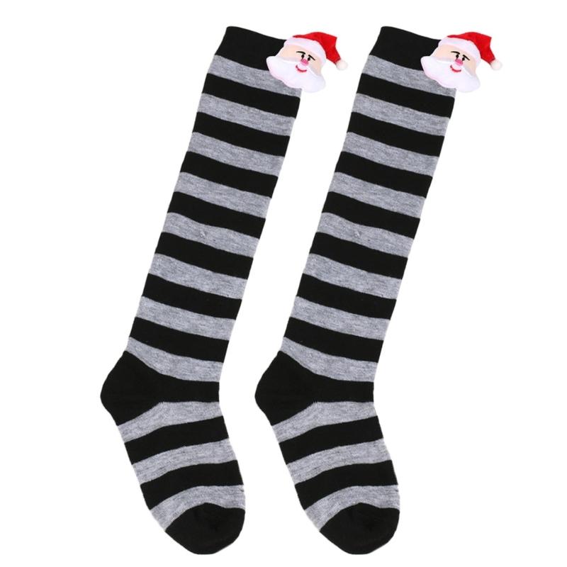 Cartoon Santa Christmas Stockings for 6-10Y Children Over the Knee Socks for Little Girls Unisex Winter Striped Socks