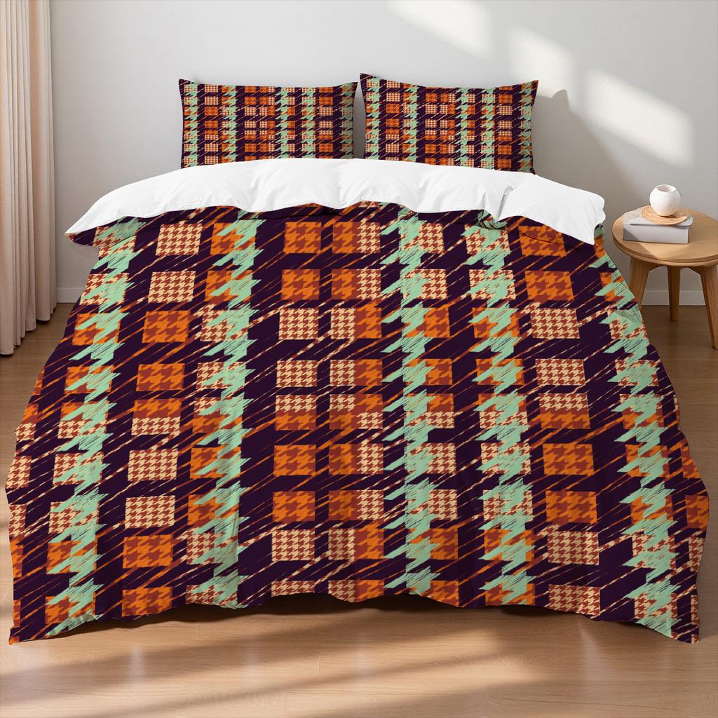 Luxury Brown Black Houndstooth Bedding Set Classic Print Duvet Cover Pillowcase Breathable Wrinkle-Free For Bedroom Decor