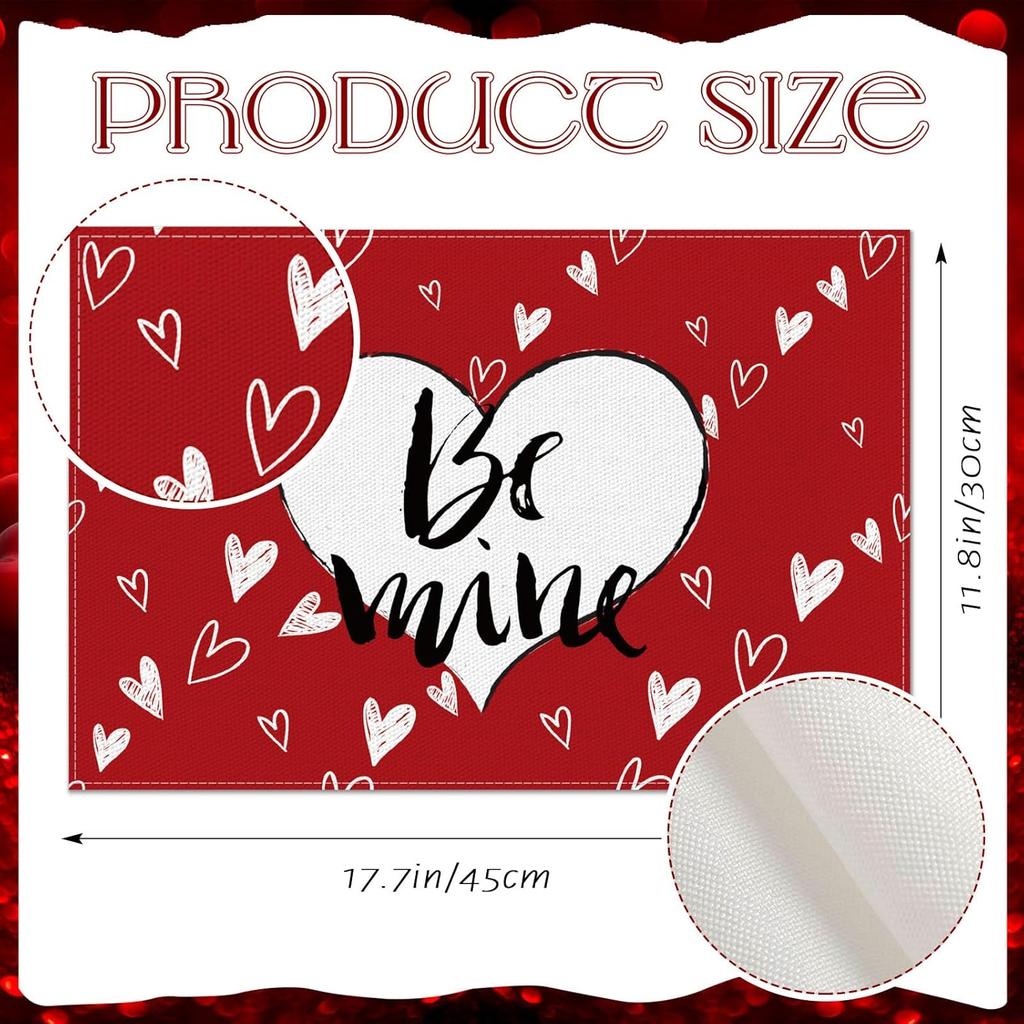 Red Love Valentine's Day Placemats Set of 6, Love Heart Seasonal Farmhouse 12 x 18 Inch Anniversary Wedding Holiday Table Mats for Dining Table Party