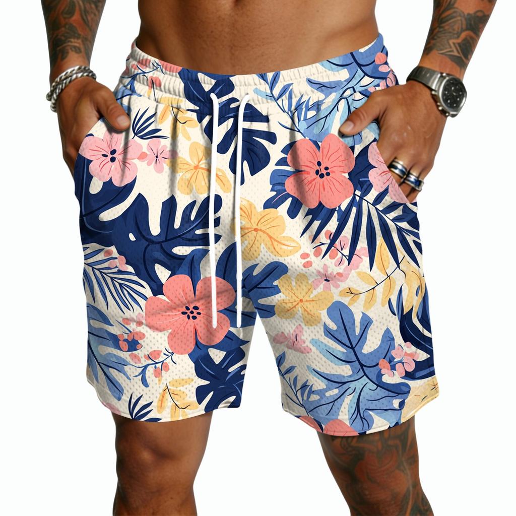 Herren Freizeitshorts mit Kordelzug Leichte Schnelltrocknende Fünf-Punkt-Länge Strandbekleidung Sommerhose mit Hawaiianischem Aufdruck