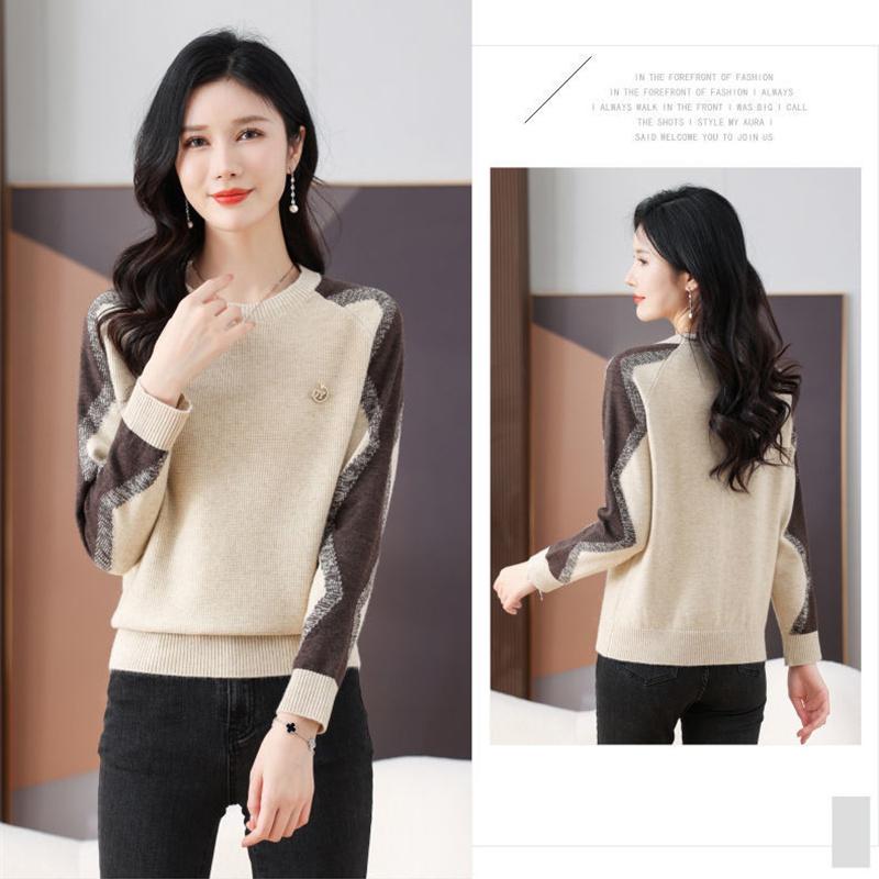Autumn Winter Women's Sweater Pullovers Korean Vintage Color Block Long Sleeve Knitted Sweaters Women Clothing Lady Jumpers