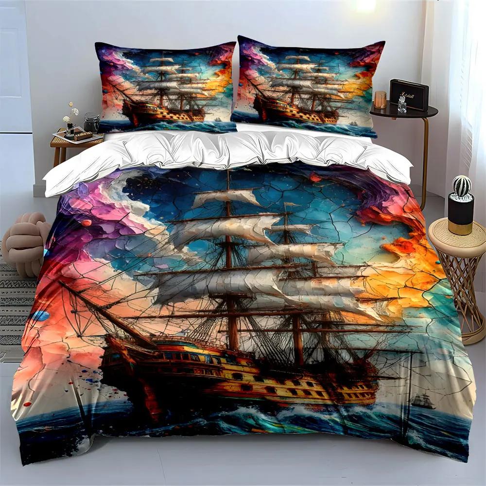 Colorful Ship Wall Art Set Multiple sizes kid's and adults' bedroom Exquisite 3PC bedding set gift