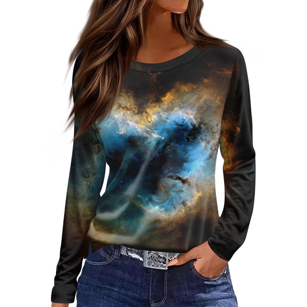 Women's Fashion Casual Slit Hem Round Neck Long Sleeve Loose Printed T,Shirt Ladies Top