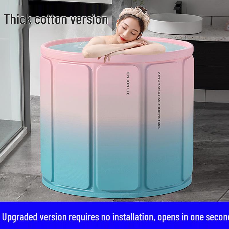 Folding Insulated Adult Soaking Tub - Anti-Rollover, Cotton-Padded, Large Size (Blue/Pink)
