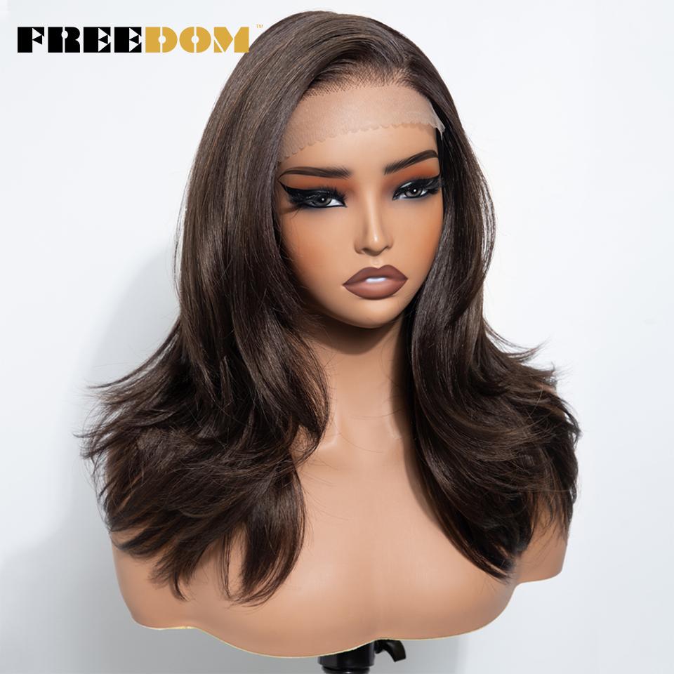 FREEDOM Synthetic Lace Front Wigs For Woman Layered Straight Wear and Go Glueless Wig 20" Ombre Brown Blonde 6x4 Pre Plucked Wig
