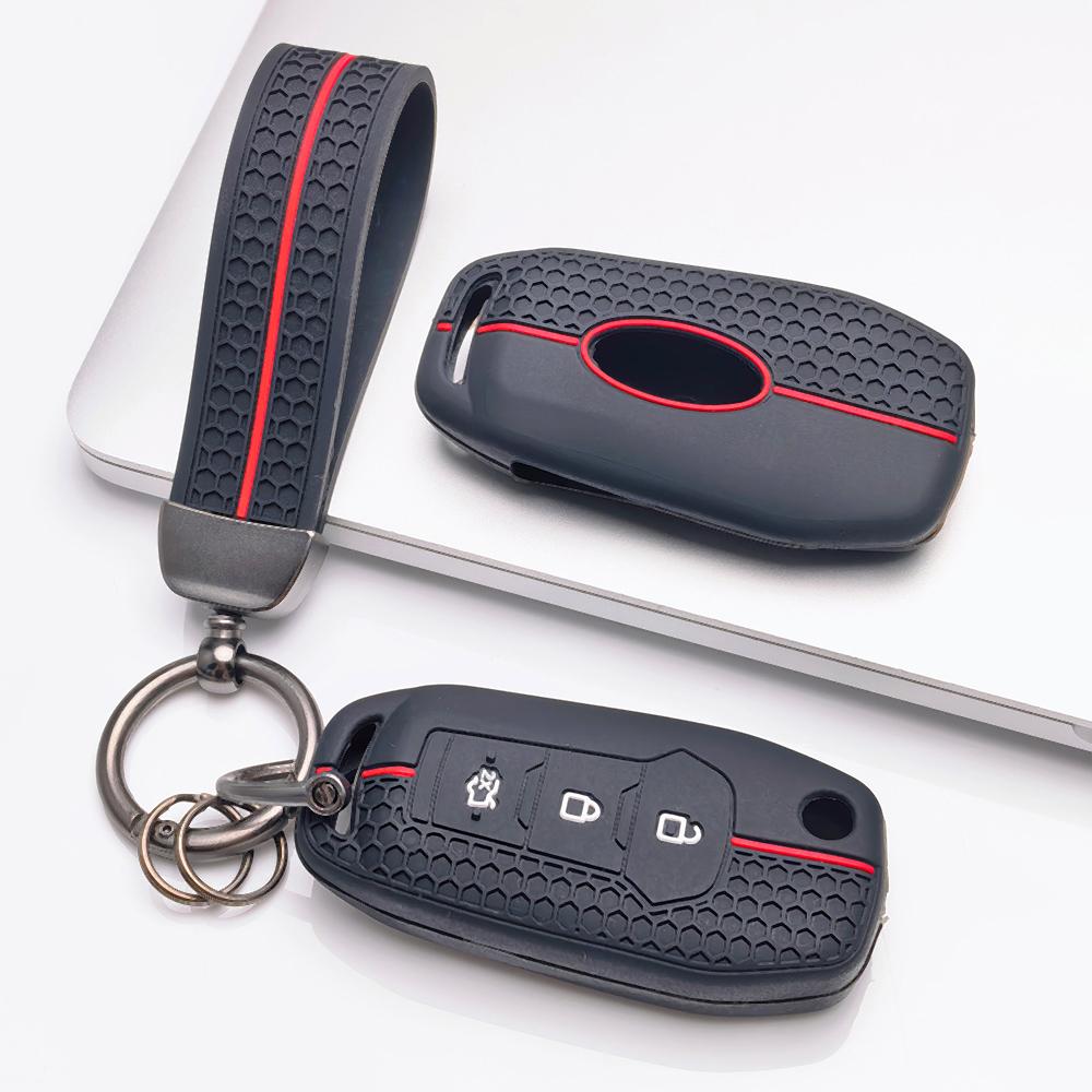Silicone Key Cover keychain for Ford 3 Button Flip Key, Fits Ford Focus Mondeo Fiesta Ranger Escape Transit Tourneo Everest, Shockproof Key Fob Holder