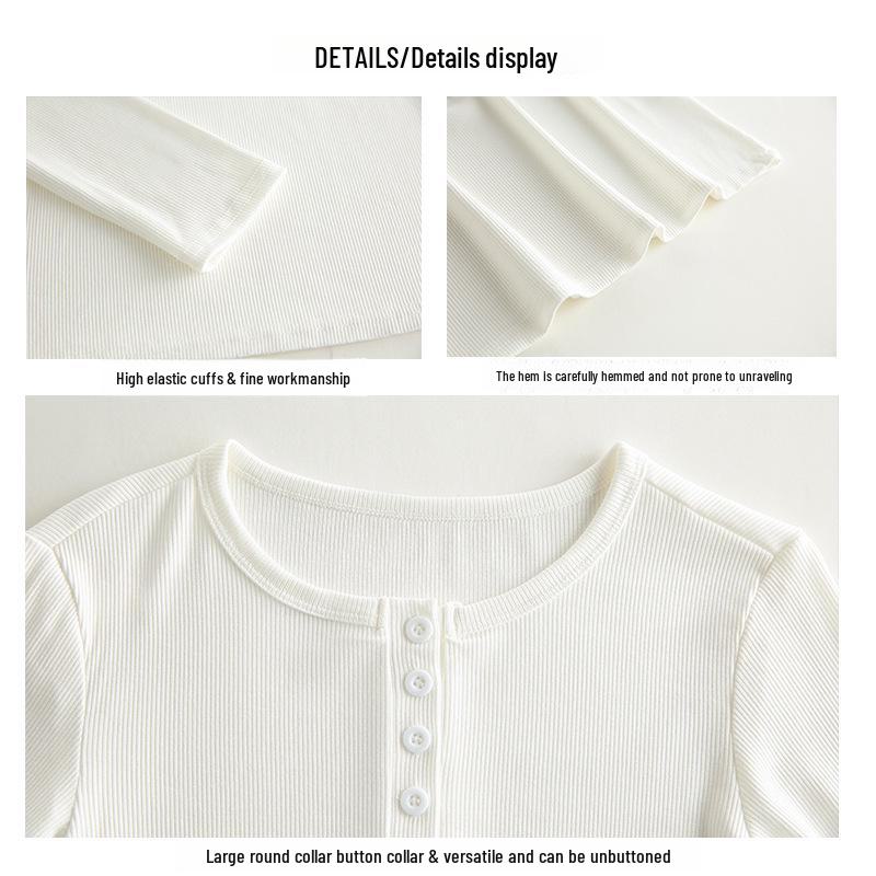 Women's Slim Fit Long Sleeve Half Open Collar T-shirt with Button Detail