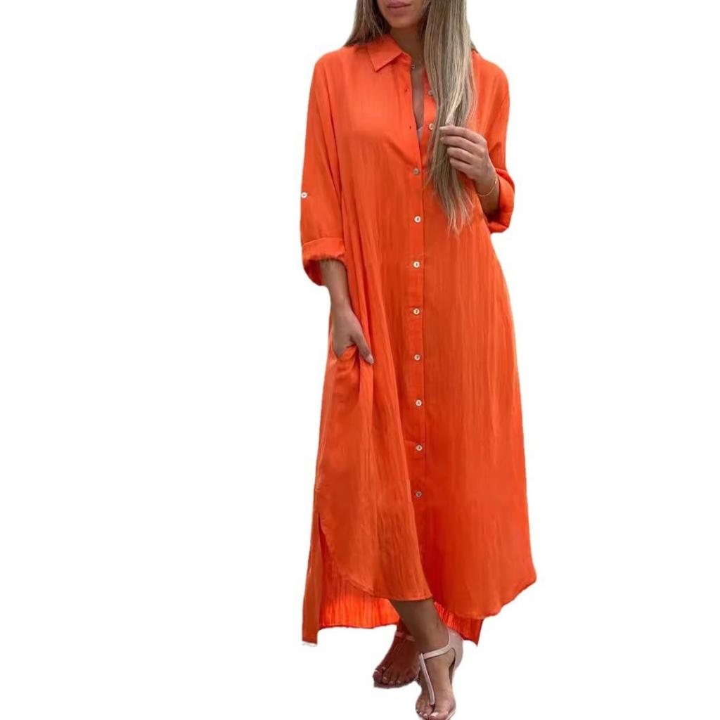Women's Cotton Linen Long Shirt Dress Casual Fashion Long Sleeve Open Front Midi Dress