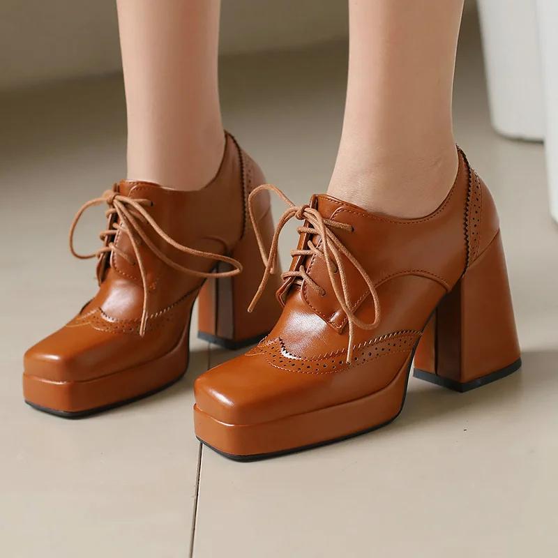 Fashion Red British Women Mixed Color Derbies Women High Thick Heels Pink Silver Oxfords Party Shoes Lace-up Square Toe Platform Brogues