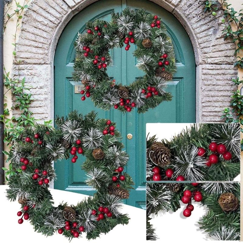 Holiday Pinecones Berries Christmas Wreath with Warm LED Lighting 40cm Diameter for Front Door Indoor and Outdoor Decors