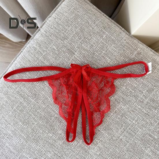 Women Panties Lace Open Crotch See through Bow knot Decor Solid Color Thongs G string Lady Low Waist Thin Intimate Women Underwear
