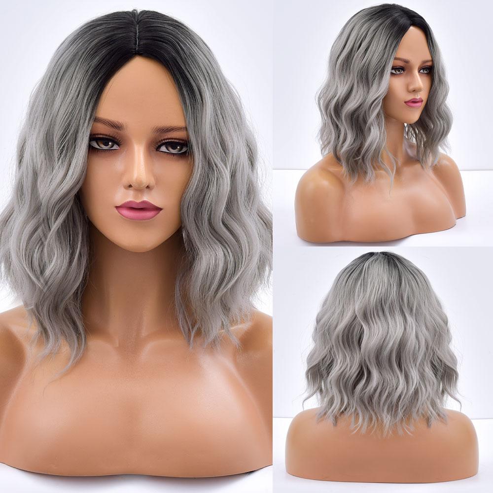Short Bob Synthetic Wig Ombre Pink Water Wave Hair Wigs For Black Women With Bangs Cosplay Lolita Heat Resistant Natural Hair