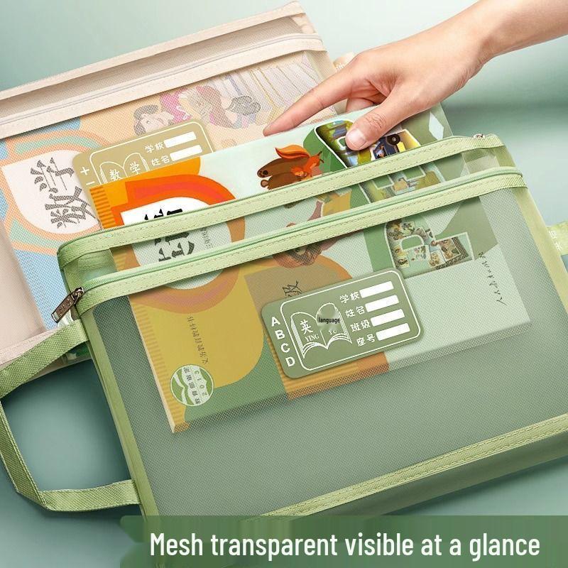 Double-Layer Mesh A4 Handheld Transparent Document Bag for Students - Textbook & Paper Organizer