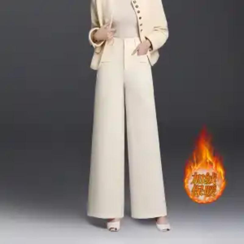 Woolen Wide-leg Pants Women In Autumn Winter New Style Plus Velvet To Keep Warm Loose High-waisted Slim Straight Trousers