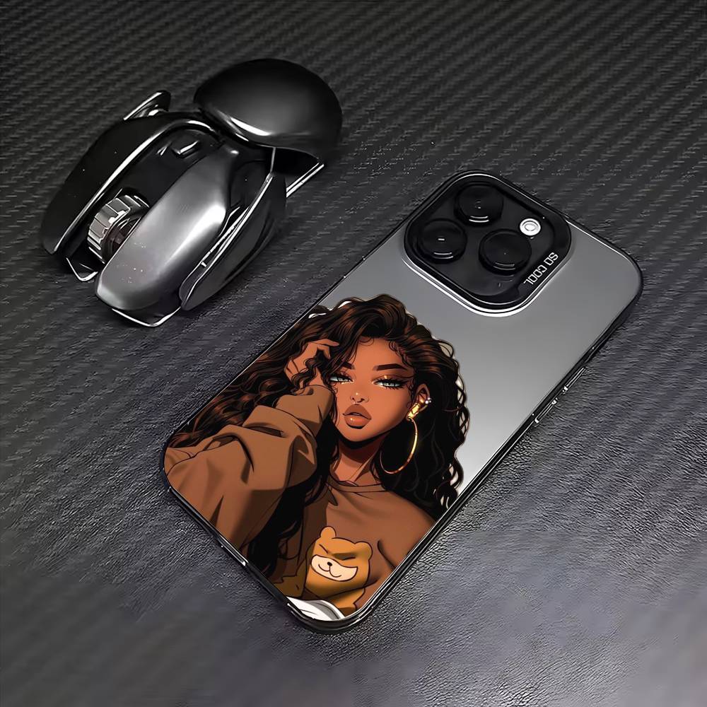 Afro Black Girls Cartoon Phone Case For iPhone 17,16,15,14,13,12,11 Plus,Pro Max,Colored Silver Phone Case