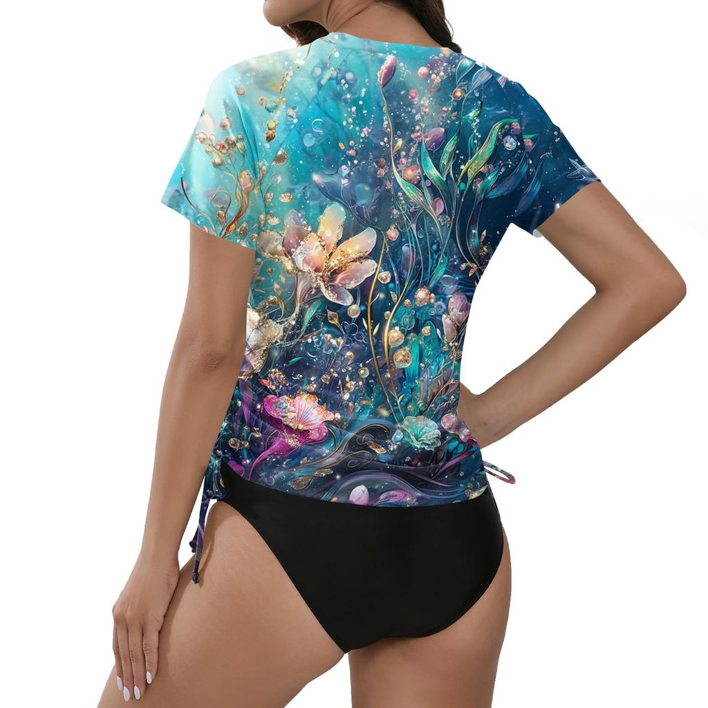 Women's Printingr Short-sleeved Sun Swimsuit Lightweight Adjustable Lace-up Swimsuit