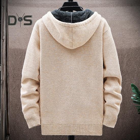 Winter Men Jacket Thickened Fleece Hooded Drawstring Zip-up Long Sleeves Sweater Coat Pockets Elastic Cuff Retro Knitted Daily Wear Outerwear Jacket