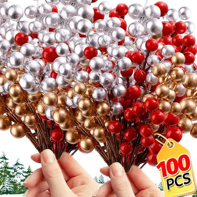 5/100PCS Artificial Red Berries Branch Christmas 7 Heads Holly Berry Stems DIY Crafts Wreath New Year Party Xmas Tree Decoration