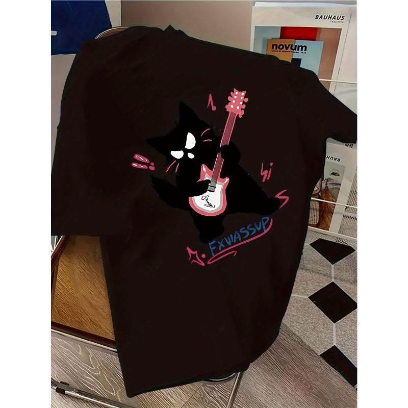 Europäische Größen Rock Elektrische Gitarre Aufdruck Kurzarm T-Shirt für und - Sommer Trendiges Lockeres Freizeit Oberteil, Freizeitkleidung, Sommer Outfit,
