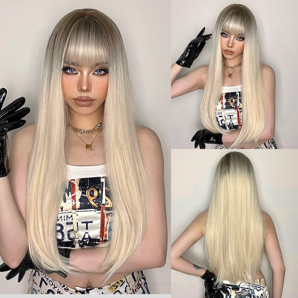 LOUIS FERRE Blonde Golden Synthetic Wigs for White Women Long Straight Wig With Bangs Heat Resistant Daiy Cosplay Natural Hair