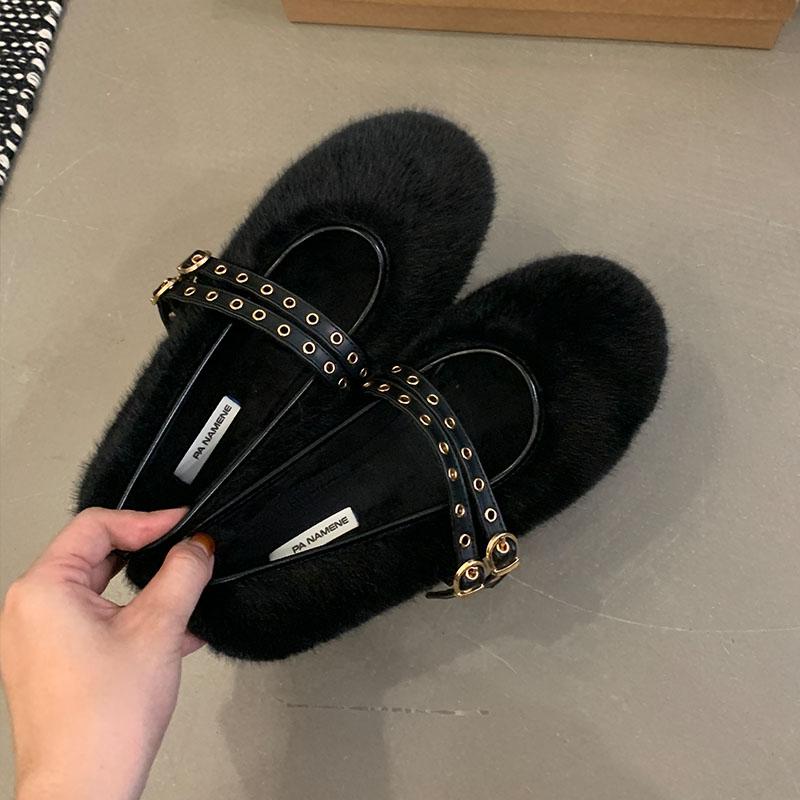 

Мода Мода Круглый Носок Женские Мэри Джейн Балетки Меховые Туфли Женская Пряжка Ремешок Обувь Теплые Женские Балетки Мелкие Туфли 35 чёрный
