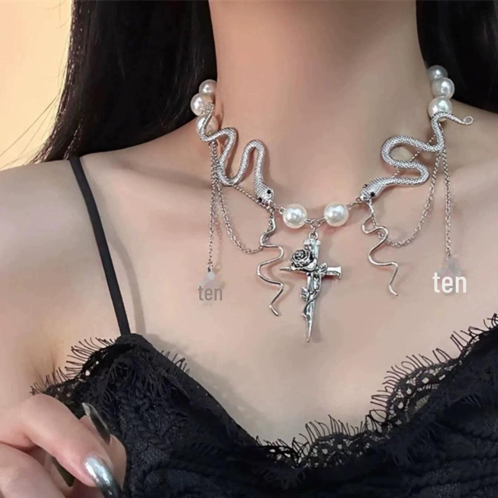 Pearl Snake Tassel Cross-Stitch Choker Necklace - Light Luxury Sweet Clavicle Chain