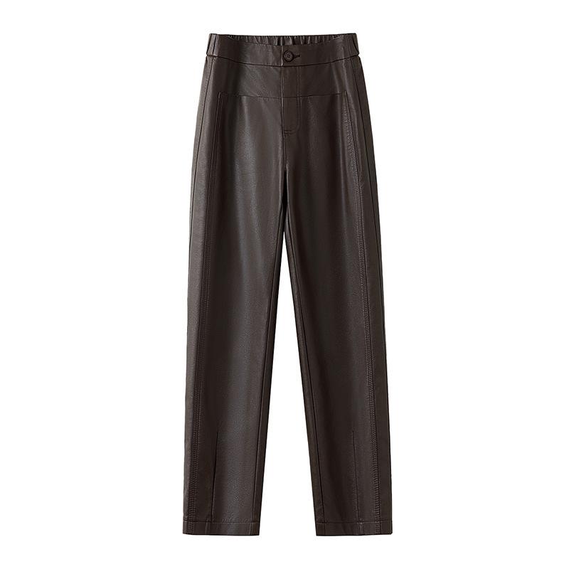 Damskie spodnie z owczej skóry z wysokim stanem i szerokimi nogawkami na Jesień/Zimę 2025 - Wszechstronna moda, Duży rozmiar, Długie proste spodnie