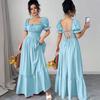 Summer 2025 European & American Women's Square Neck Tie-up Waist Dress