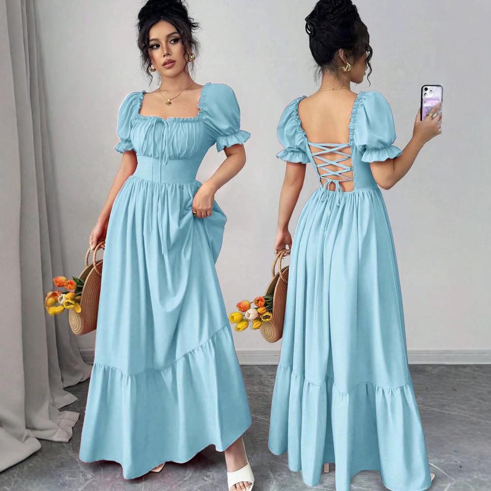 Summer 2025 European & American Women's Square Neck Tie-up Waist Dress