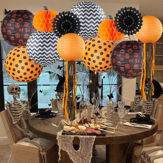 12Pcs Halloween Party Decorations Honeycomb Pumpkin Ball Lanterns Paper Fan Hanging Ornaments Indoor Outdoor Spooky Decor for Home Office Party
