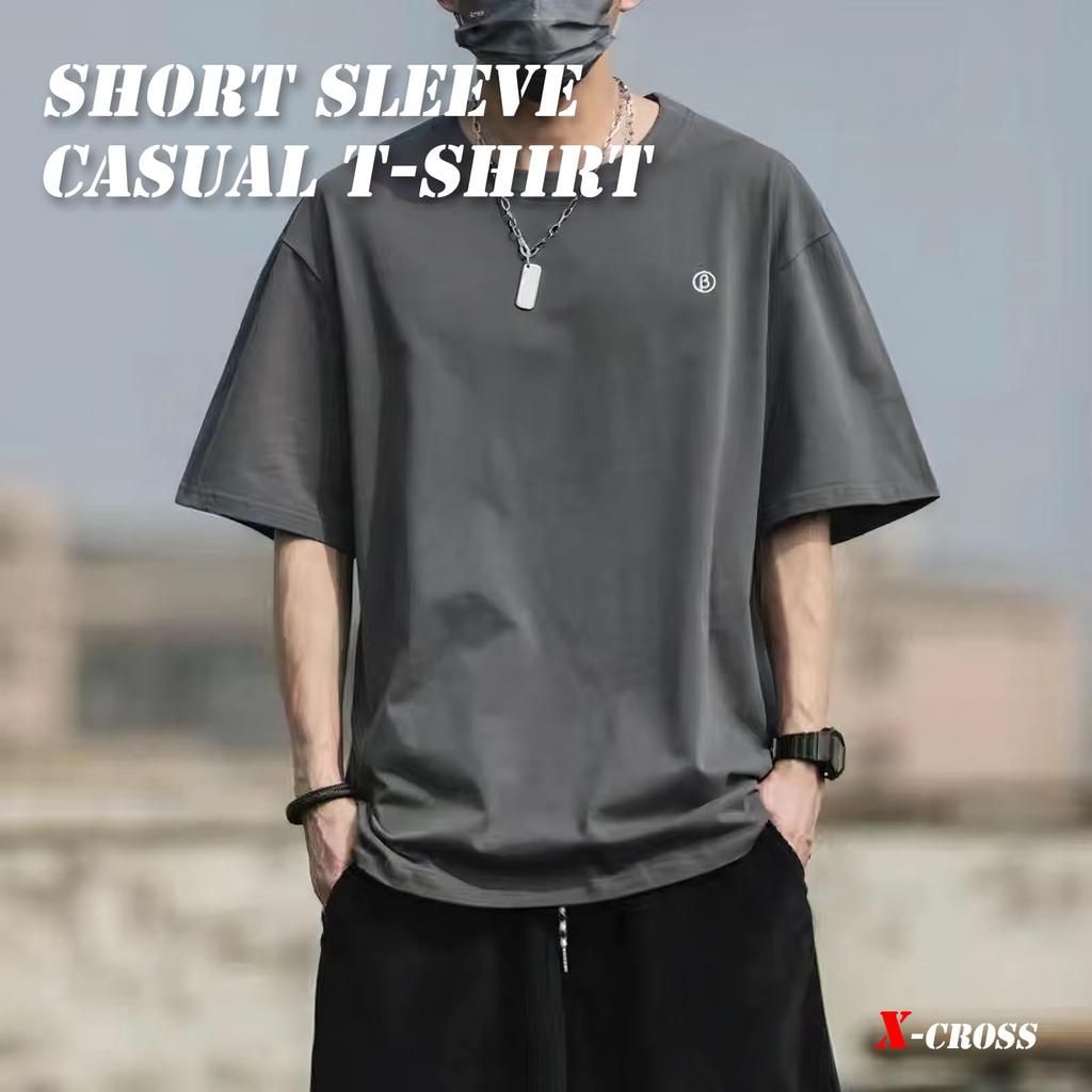 Short Sleeve Solid Round Crew Simple Cool Cut and Sew Everyday Korean Strength Underwear X-cross Men's T-Shirt, Cotton, Sports, Casual, Stylish,