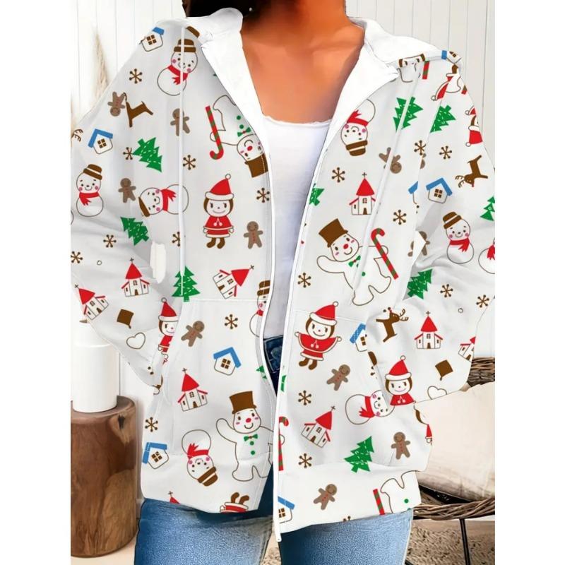 Women's Christmas Snowman Print Hooded Cozy Long Sleeve Zip-Up with White Sweatshirt Women Fashion Versatile Hoodies for Women