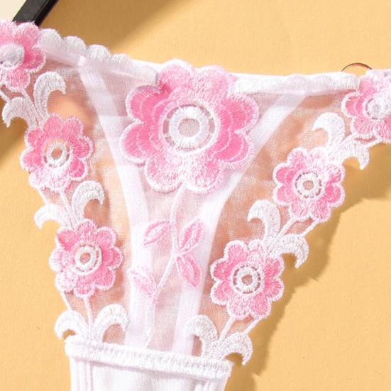 2 Pcs Women Thong Floral Embroidery See-through Lace Briefs Low Waist Hollow Out Elastic Wedding Night Bedroom Lady Underpants