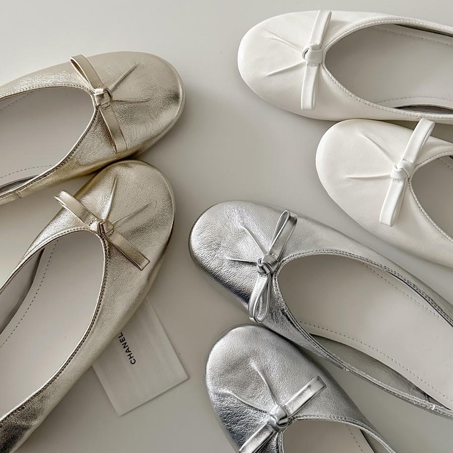 Sheepskin version~ round head French bow ballet shoes women's shallow mouth one pedal temperament flat Mary Jane single shoes